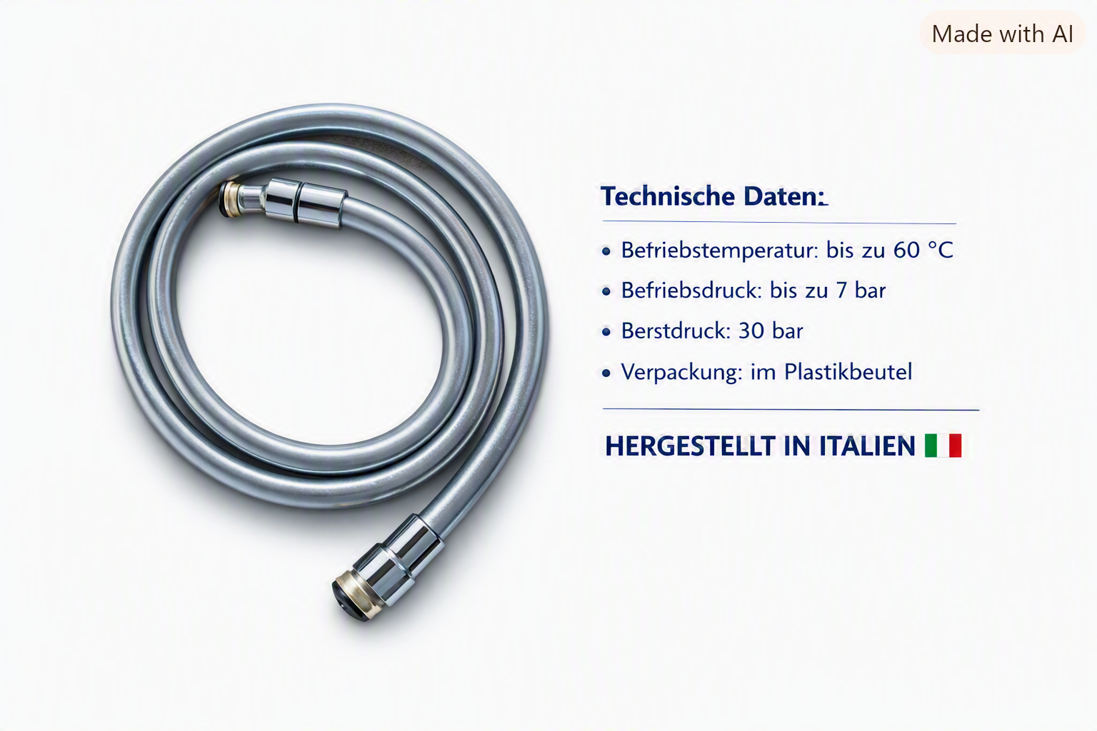 Cotali Duschschlauch Platinum Chrome 1,5m mit 360° Verdrehschutz und technischen Daten - Made in Italy